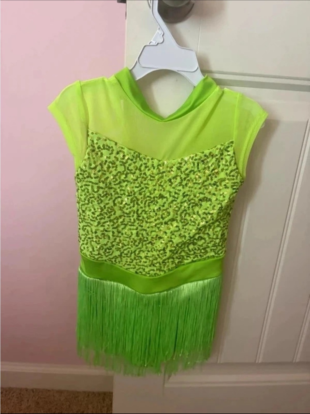 Weissman Lime Sequin Fringe Dance Costume with Hair Clip